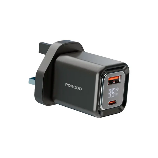 شاحن GaN بورودو شحن سريع 35 واط مع شاشة رقمية ومنفذين يو اس بي اي و يو اس بي سي - اسود | Porodo PD35W GaN Display Screen USB+C Fast Charger UK Plug - Black.