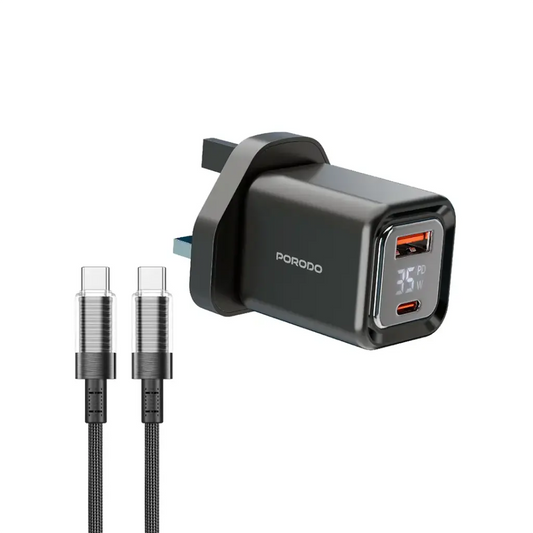 شاحن بورودو GaN سريع بقدرة 35 واط مع شاشة رقمية وكيبل تايب سي شفاف بطول 1.2 متر | Porodo PD 35W GaN Fast Charger with Display Screen, With Transparent Type-C Cable 1.2M