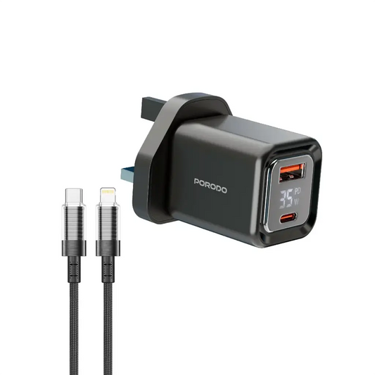 شاحن بورودو GaN بقدرة 35 واط مع شاشة عرض وكيبل لايتننغ بطول 1.2 متر - اسود | Porodo PD35W GaN Display Screen USB-C + USB-A Fast Charger UK Plug with Lightning Cable - Black