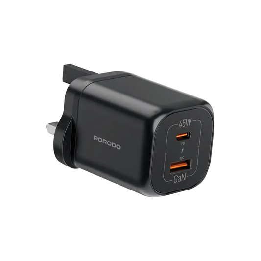 شاحن GaN بورودو شحن سريع 45 واط بمنفذين يو اس بي سي - اسود | Porodo PD45W GaN Dual USB+C Fast Charger UK Plug - Black.