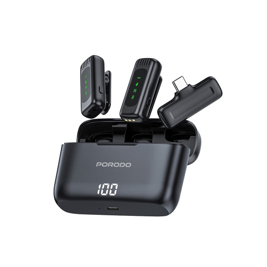 مايكروفون بورودو لافالير مزدوج مع علبة شحن - اسود | Porodo Lavalier Double Microphone with Charging Case - Black
