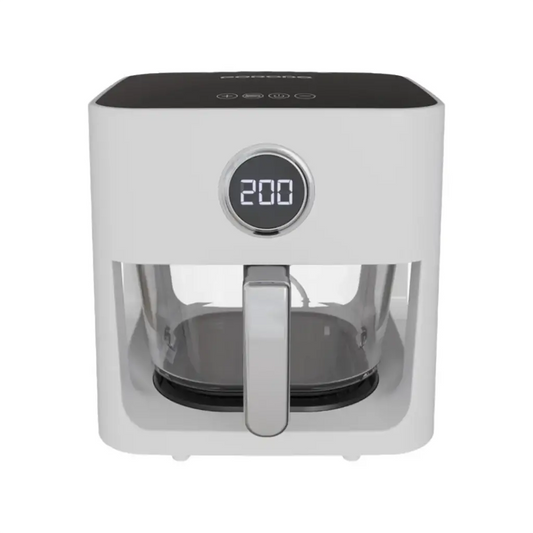 قلاية هوائية بورودو لايف ستايل بسعة 5 لتر, تحكم باللمس وزجاج بانورامي - ابيض | Porodo Lifestyle 5L Touch Swivel Air Fryer with Panoramic Glass View – White.
