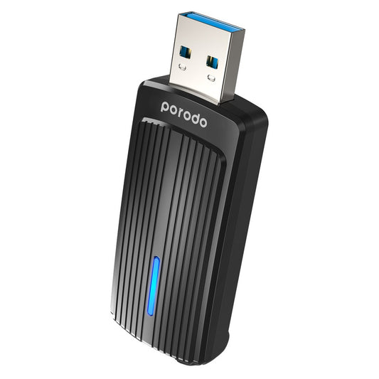 محول واي فاي مزدوج النطاق Wifi6 من بورودو مع محول يو اس بي اي الى تايب سي اضافي - اسود | Porodo Dual Band WiFi6 USB Adapter with Additional USB A to Type-C Adaptor - Black