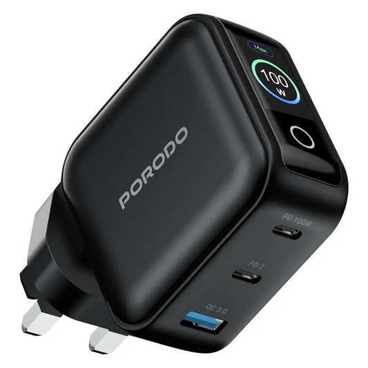 شاحن جداري بورودو نيكسورا ثلاثي المنافذ بقدرة شحن 100 واط مع شاشة LCD - اسود | Porodo Nexora 100W 3-Port Wall Charger with LCD Display - Black