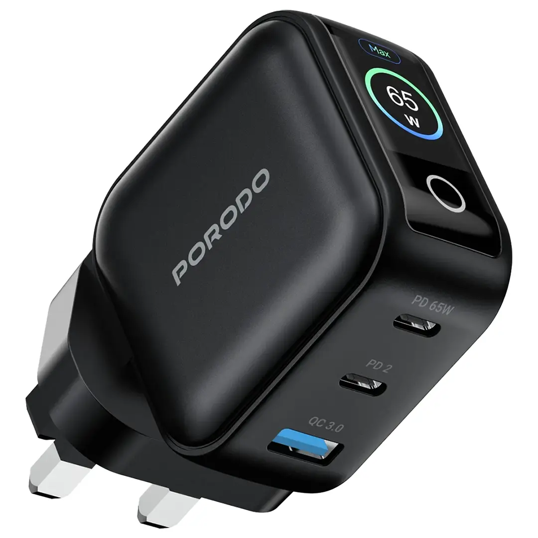 شاحن جداري بورودو نيكسورا ثلاثي المنافذ بقدرة شحن 65 واط مع شاشة LCD - اسود | Porodo Nexora 65W 3-Port Wall Charger with LCD Display - Black