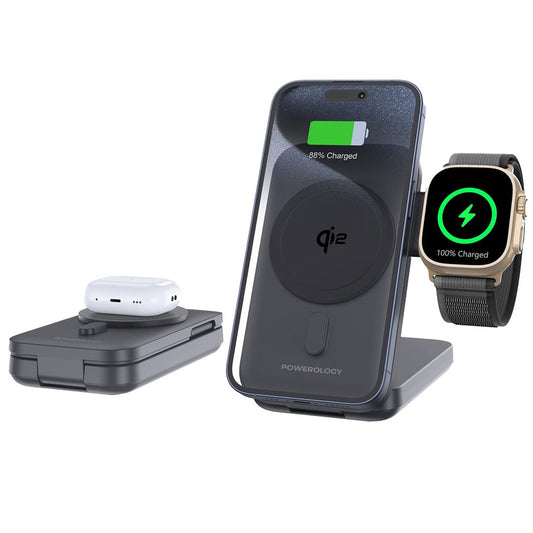 باور بانك ماج سيف باورولوجي 3 في 1 بسعة 10000 مللي امبير - اسود | Powerology 10000mAh 3 in 1 MagSafe Power Bank – Black.