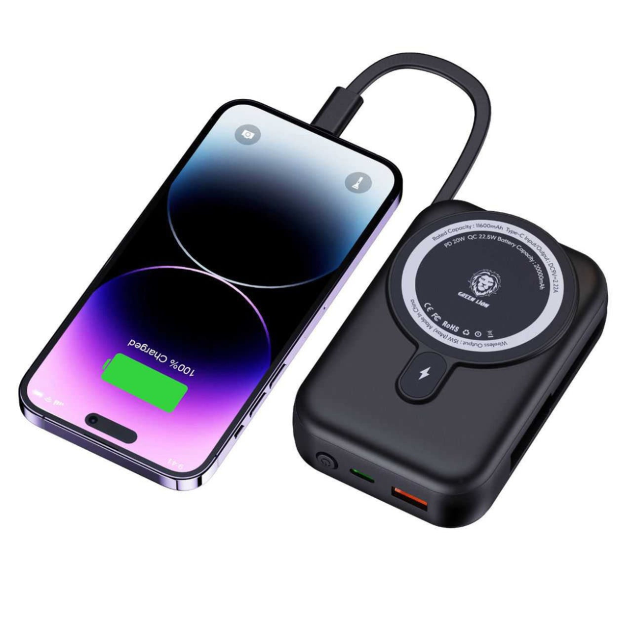 باور بانك جرين لايون موناكو متوافق مع ماج سيف بسعة 20,000 مللي امبير وبقدرة شحن 22.5 واط | Green Lion Monaco Magsafe Power Bank 20000mAh PD+QC 22.5W