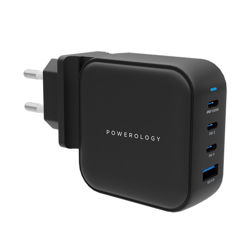 شاحن جداري باورولوجي ب 3 منافذ PD ومنفذ QC3.0 بقدرة 100 واط - اسود | Powerology 3-Port PD + 1 QC3.0 GaN Wall Charger 100W – Black.