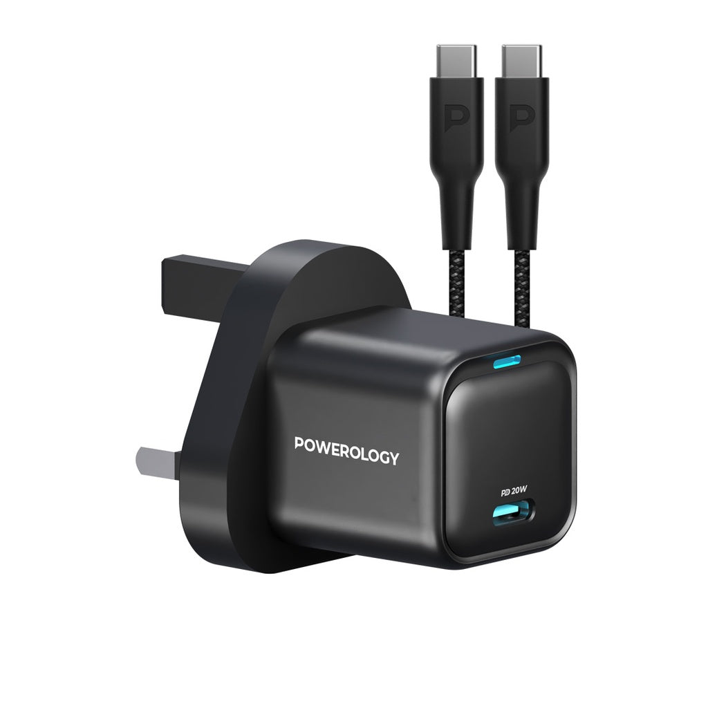 شاحن باورولوجي بقوة 20 واط بمنفذ تايب سي مع كيبل شحن تايب سي الى تايب سي بقوة 60 واط | Powerology 20W USB-C PD Wall Charger with 60W Type-C to C Cable.