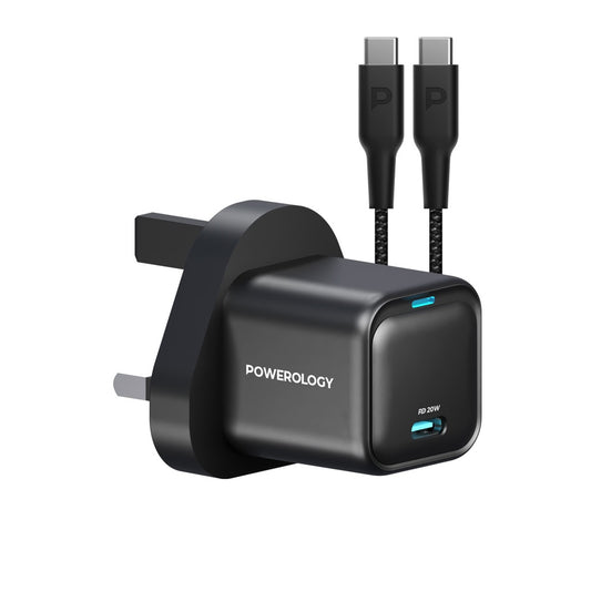 شاحن باورولوجي بقوة 20 واط بمنفذ تايب سي مع كيبل شحن تايب سي الى تايب سي بقوة 60 واط | Powerology 20W USB-C PD Wall Charger with 60W Type-C to C Cable.