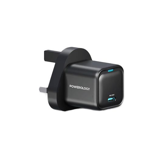 شاحن باورولوجي جداري 20 واط بمنفذ تايب سي واحد, شحن سريع PD | Powerology 20W GaN Single USB-C PD Wall Charger, Fast Charging.