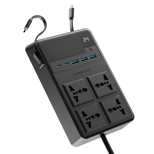 مشترك كهرباء باورولوجي 2500 واط مع 4 منافذ AC وكيبلات مدمجة قابلة للسحب - اسود | Powerology 2500W 4 AC Power Strip With Built-In Retractable Cables - Black