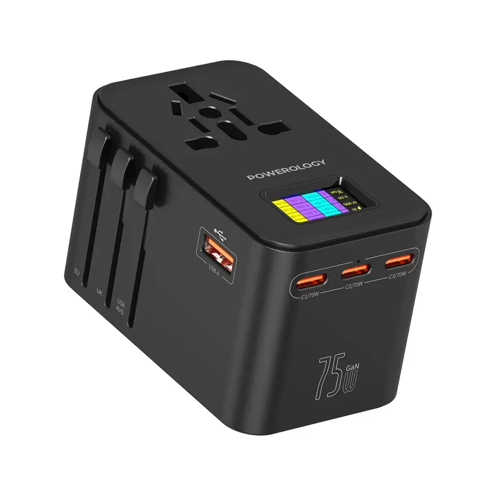محول للسفر من باورولوجي, ب 3 منافذ PD بقدرة 70 واط - اسود | Powerology PD75W*3 USB-C GaN Travel Adapter - Black.