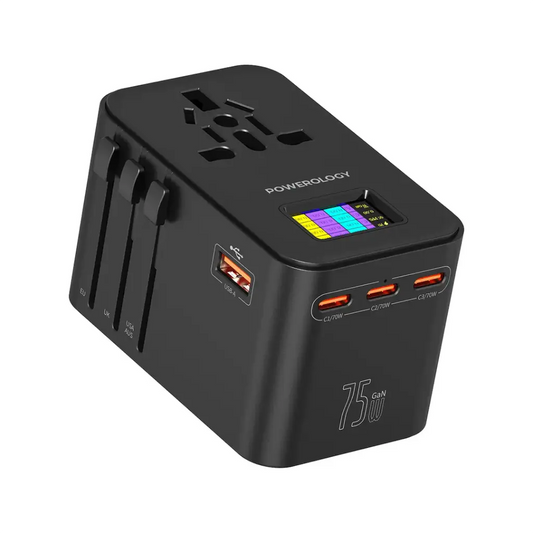 محول للسفر من باورولوجي, ب 3 منافذ PD بقدرة 70 واط - اسود | Powerology PD75W*3 USB-C GaN Travel Adapter - Black.
