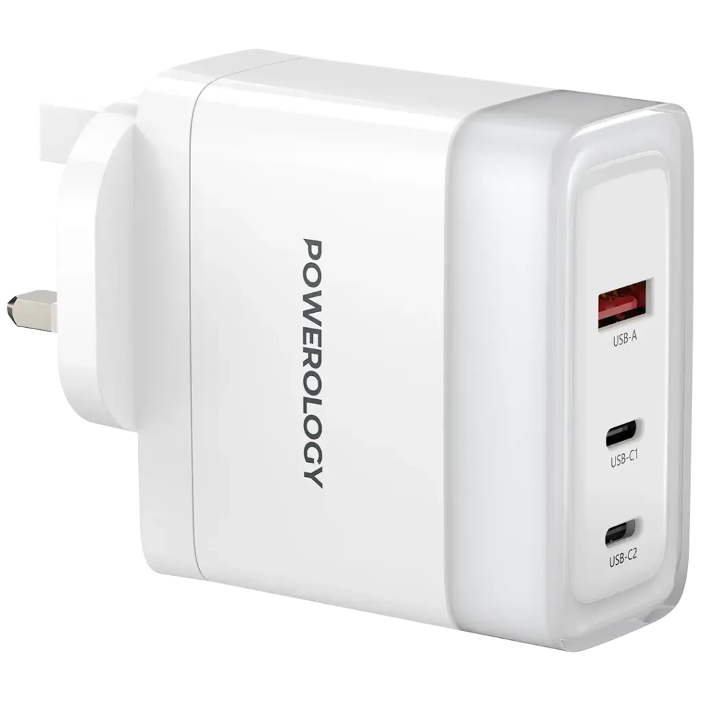 شاحن باورولوجي لايف ستايل ب 3 منافذ للشحن مع شحن سريع بقدرة 100 واط - ابيض | Powerology 3-Port Fast Charging Adapter – White