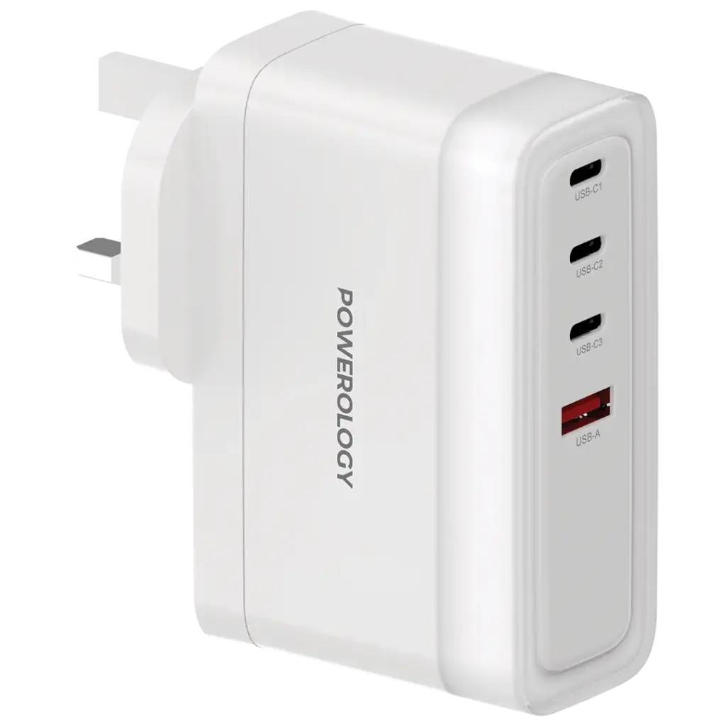 شاحن باورولوجي ب 4 منافذ للشحن مع شحن سريع بقدرة 140 واط - ابيض | Powerology 4-Port Fast Charging Adapter, 140W PD – White
