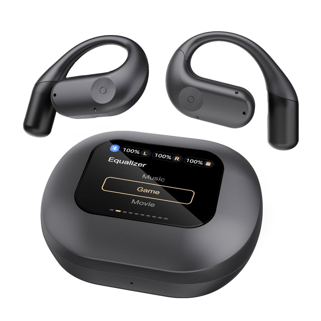 باورولوجي سماعات اذن TWS بتقنية التوصيل الهوائي مع علبة شحن وشاشة عرض - اسود | Powerology Air Conduction ENC TWS Earbuds and Charging Case with Display – Black.