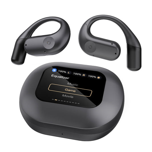 باورولوجي سماعات اذن TWS بتقنية التوصيل الهوائي مع علبة شحن وشاشة عرض - اسود | Powerology Air Conduction ENC TWS Earbuds and Charging Case with Display – Black.