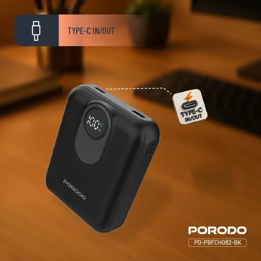 باور بانك بورودو بسعة 10000 مللي امبير مع شحن لاسلكي ماج سيف بقدرة 15 واط - اسود | Porodo 15W MagSafe Power Bank 10000mAh – Black.