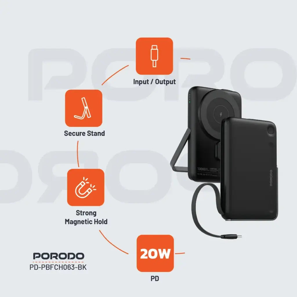 باور بانك بورودو بسعة 10000 مللي امبير مع كيبل تايب سي مدمج وحامل مغناطيسي - اسود | Porodo 10000mAh Power Bank Built-In Type-C & Stand – Black.
