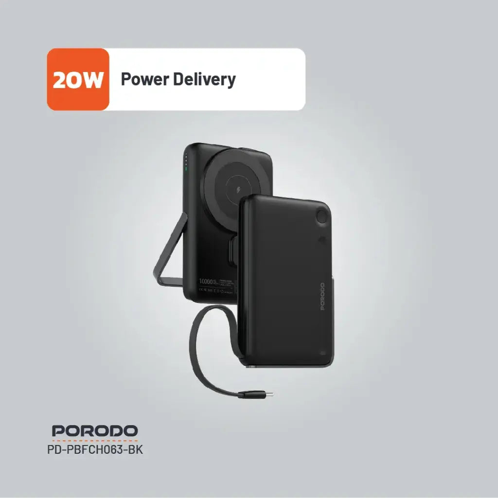 باور بانك بورودو بسعة 10000 مللي امبير مع كيبل تايب سي مدمج وحامل مغناطيسي - اسود | Porodo 10000mAh Power Bank Built-In Type-C & Stand – Black.
