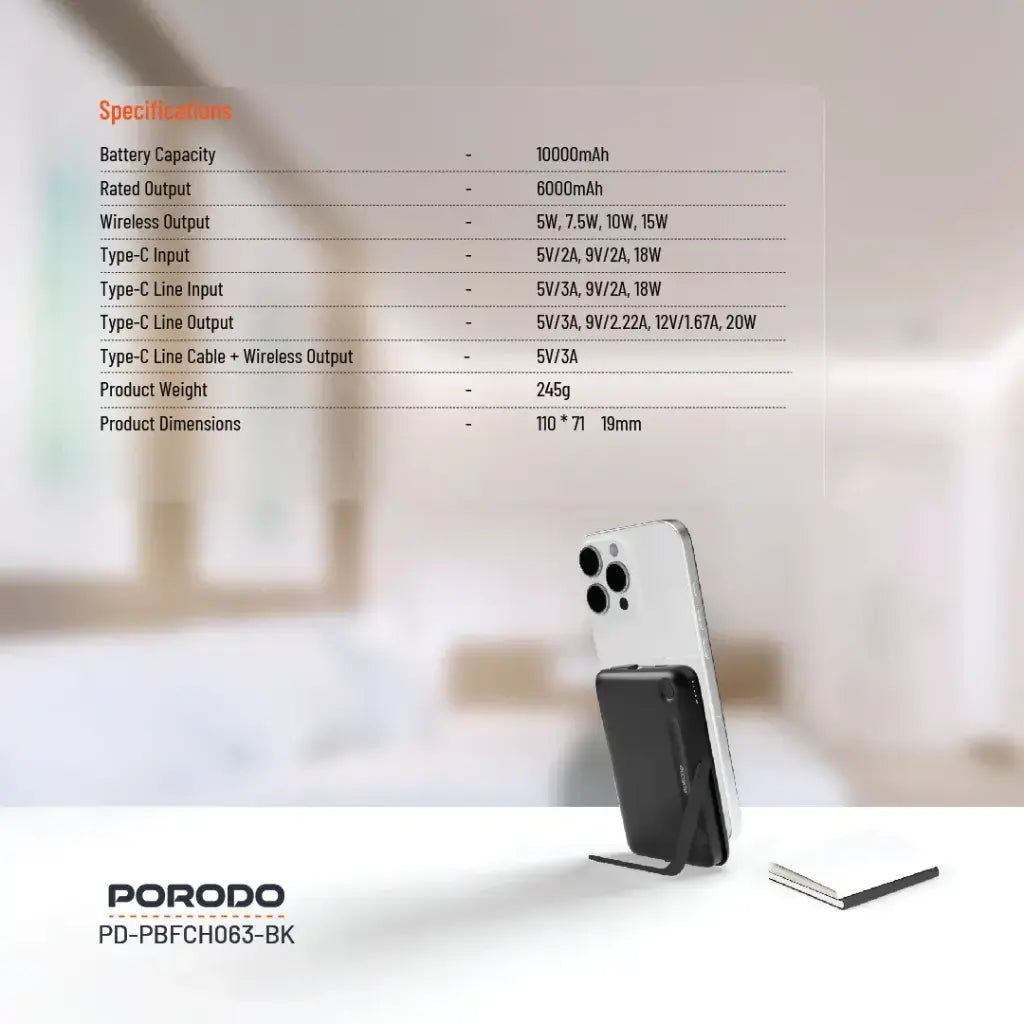 باور بانك بورودو بسعة 10000 مللي امبير مع كيبل تايب سي مدمج وحامل مغناطيسي - اسود | Porodo 10000mAh Power Bank Built-In Type-C & Stand – Black.