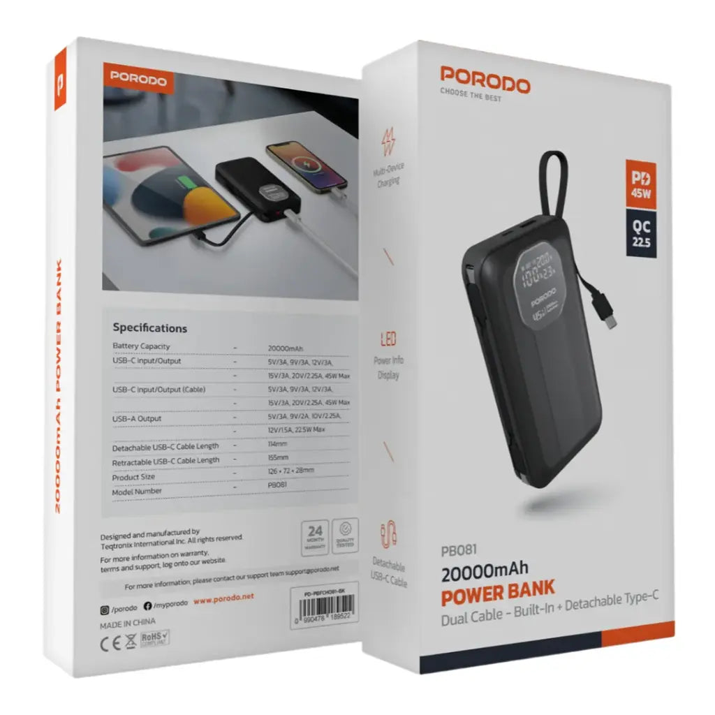 باور بانك بورودو بسعة 20000 مللي امبير, شحن سريع بقدرة 45 واط - اسود | Porodo 45W Power Bank 20000mAh – Black.