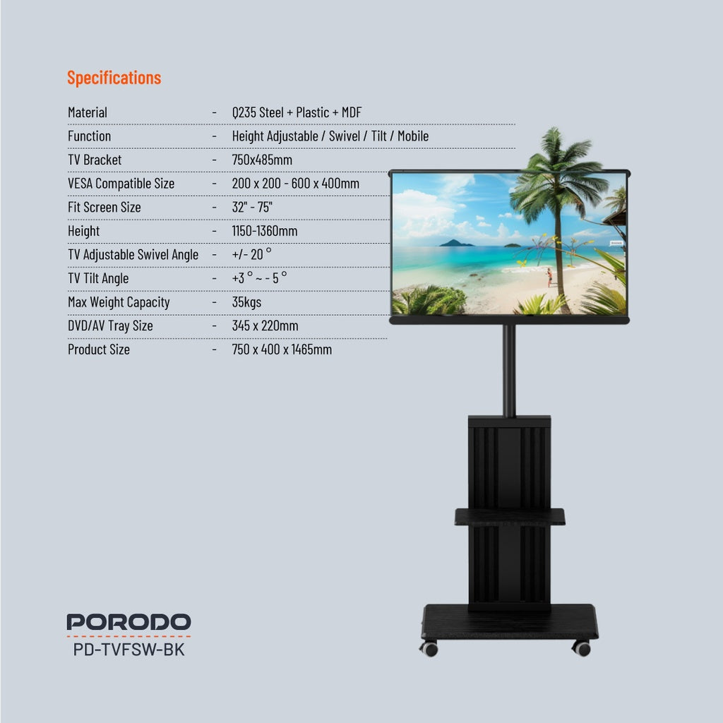 ستاند ارضي للتلفاز بحجم 32 بوصة الى 75 بوصة من بورودو, مع عجلات وحامل اجهزة - اسود | Porodo TV Floor Stand with Wheels & AV Shelf for 32"-75" Screens – Black