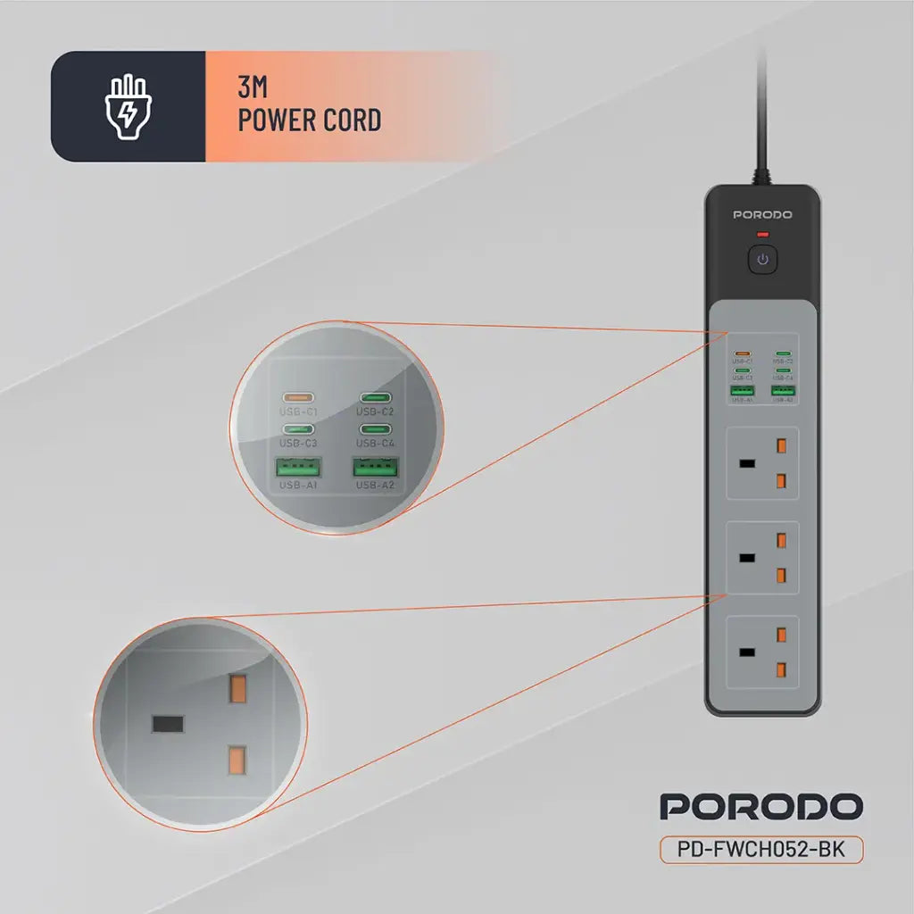 وصلة كهربائية 3000 واط من بورودو, ب 3 منافذ AC وقدرة شحن سريع 45 واط | Porodo 3000W Power Strip With 3AC Outlets and 45W Fast charging.