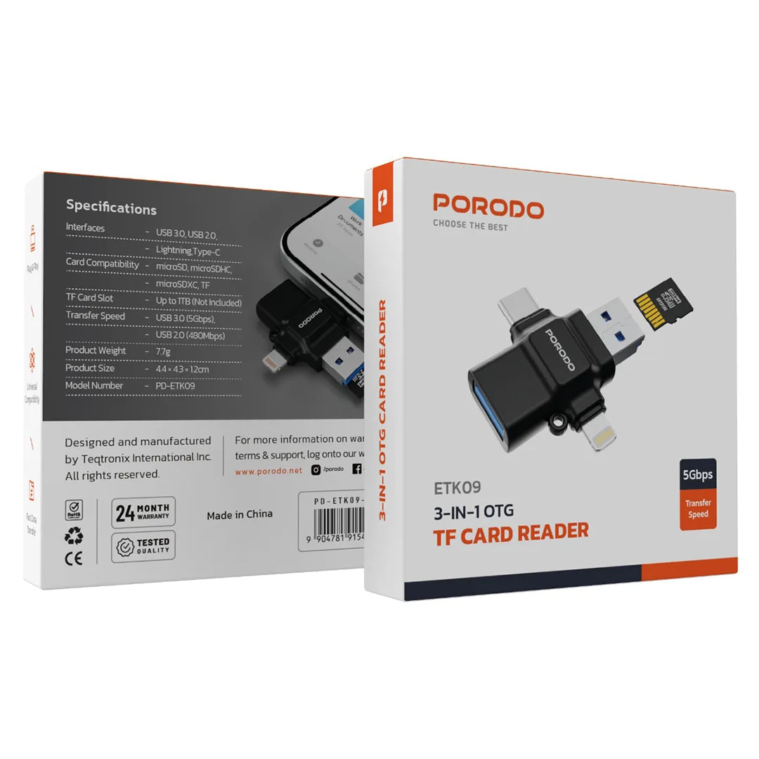محول OTG وقارئ بطاقات 4 في 1 من بورودو - اسود | Porodo 4-in-1 OTG Adapter with TF Card Reader - Black.