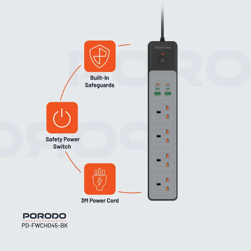 وصلة كهربائية بورودو ب 4 منافذ AC بقدرة 3000 واط و شحن سريع بقدرة 65 واط - اسود | Porodo 4AC 65W 3000W Power Strip - Black.