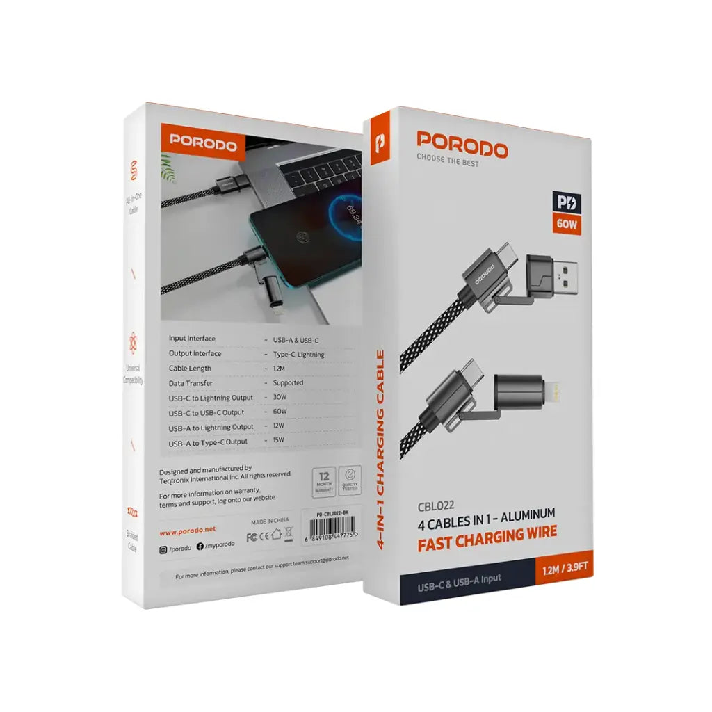 كيبل بورودو 4 في 1 مضفر بطول 1.2 متر بقدرة شحن تصل الى 100 واط - اسود | Porodo Zinc Alloy 4-in-1 Braided Fast Charging Cable 1.2M 100W – Black