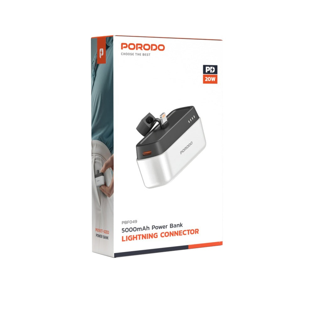 باور بانك بورودو بسعة 5000 مللي امبير مع موصل لايتننغ, شحن سريع 20 واط | Porodo 5000mAh Power Bank with Lightning Connector – PD 20W Fast Charging.