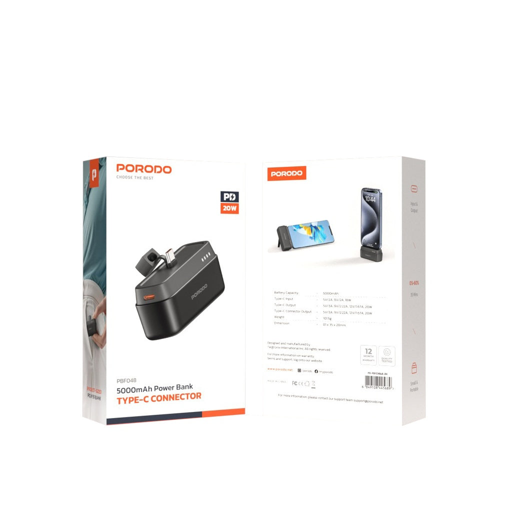 باور بانك بورودو بسعة 5000 مللي امبير مع موصل تايب سي, شحن سريع بقدرة 20 واط | Porodo 5000mAh Power Bank with Type-C Connector – PD 20W Fast Charging.