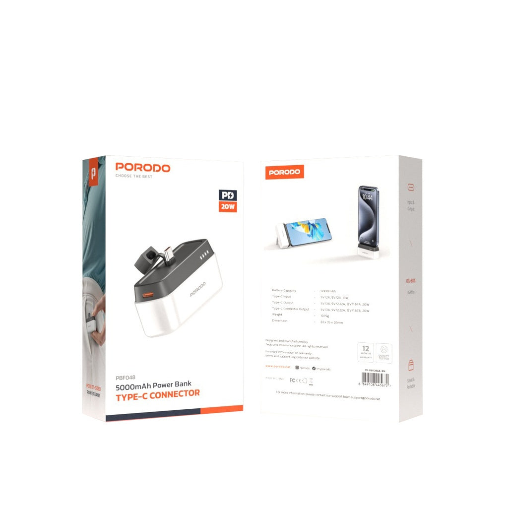 باور بانك بورودو بسعة 5000 مللي امبير مع موصل تايب سي, شحن سريع بقدرة 20 واط | Porodo 5000mAh Power Bank with Type-C Connector – PD 20W Fast Charging.