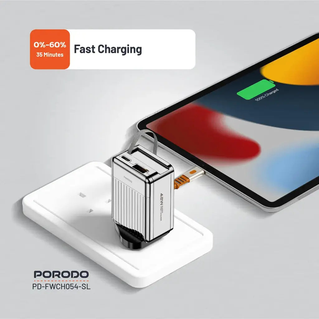 بورودو شاحن GaN سريع 42 واط مع كيبل تايب سي مدمج قابل للسحب بطول 75 سم | Porodo 42W Retractable 75cm Type-C GaN Charger.