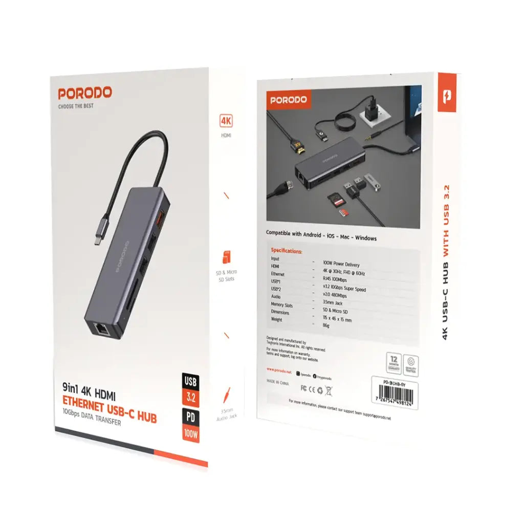 موزع يو اس بي سي بورودو 9 في 1, متعدد المنافذ مع PD بقدرة 100 واط و منفذ HDMI وايثرنت - رمادي | Porodo 9-in-1 USB-C Hub with PD 100W, HDMI, Ethernet, USB, SD, and 3.5mm Aux – Grey