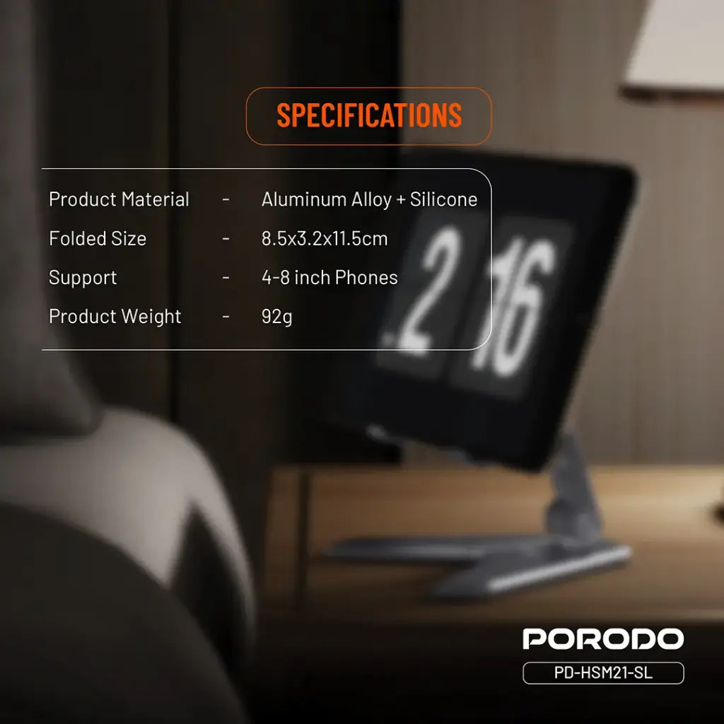 حامل هاتف المنيوم قابل للتعديل 180 درجة من بورودو - فضي | Porodo 180° Adjustable Aluminum Phone Holder – Silver