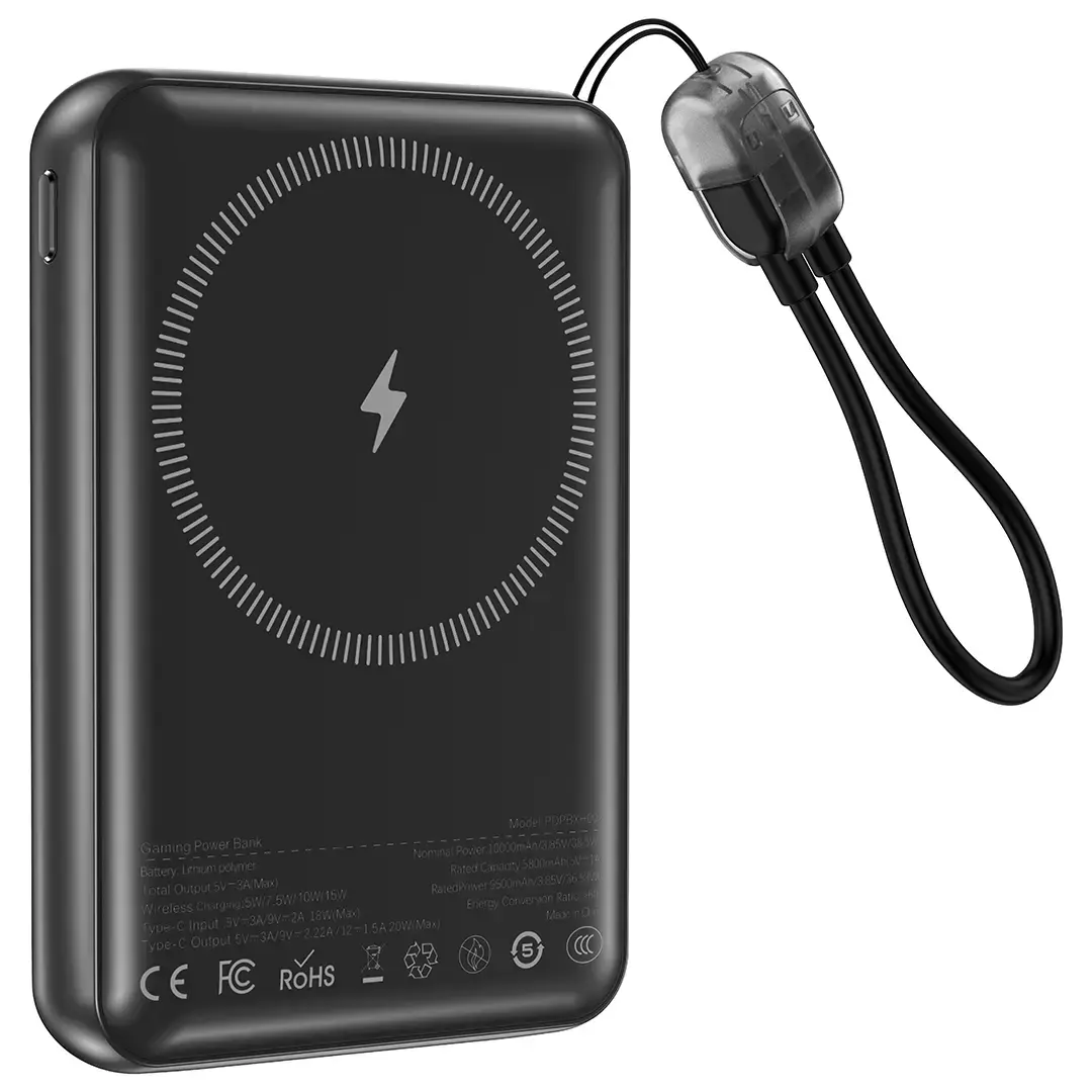 باور بانك بورودو اركيد فولت المغناطيسي اللاسلكي بسعة 10,000 مللي امبير - اسود | Porodo Arcadevolt 10000mAh MagSafe Power Bank - Black