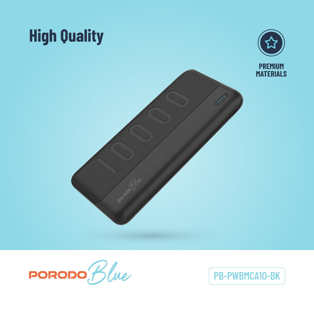 باور بانك بورودو بلو النحيف بسعة 10,000 مللي امبير بمنفذي يو اس بي اي | Porodo Blue 10000mAh Slim Power Bank Dual USB-A Output