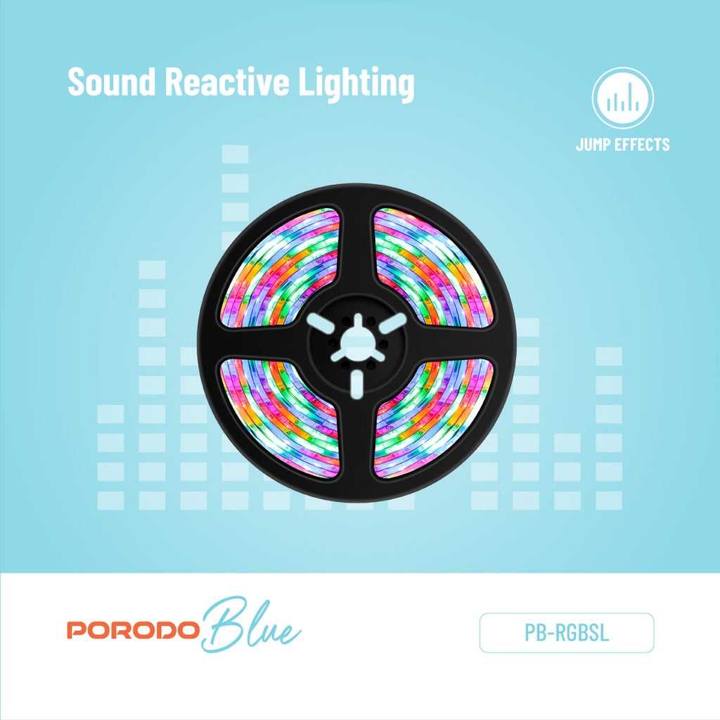 شريط اضائة RGB تفاعلي مع الصوت بطول 5 متر من بورودو, مع ريموت 44 مفتاح | Porodo Blue 16.4 Ft Sound Reactive RGB Strip Light with 44 Key Remote