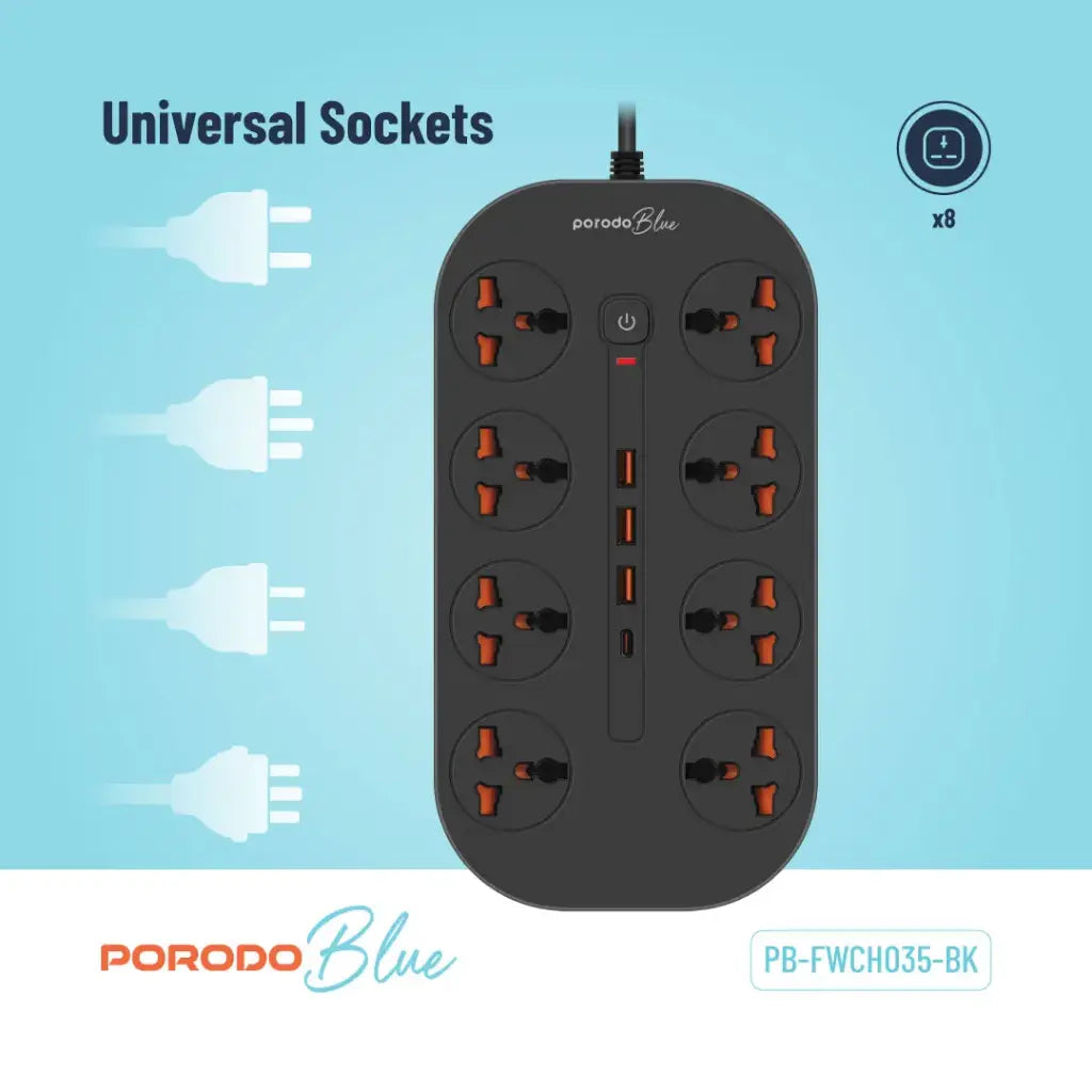 وصلة كهربائية بورودو بلو ب 8 مخارج AC  - اسود | Porodo Blue 8 AC Power Strip - Black