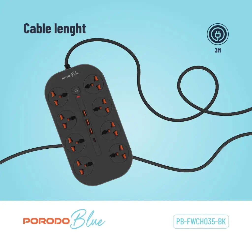 وصلة كهربائية بورودو بلو ب 8 مخارج AC  - اسود | Porodo Blue 8 AC Power Strip - Black