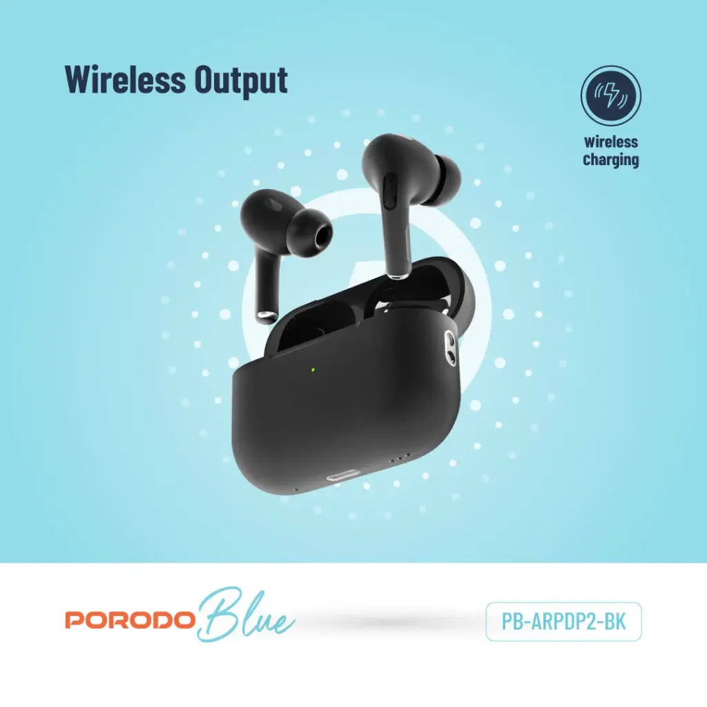 سماعات بورودو بلو برو 2 اللاسلكية بصوت بيز عميق مع خاصية التحكم باللمس - اسود | Porodo Blue Deep Bass Wireless Earbuds Pro 2 with Swipe Volume – Black
