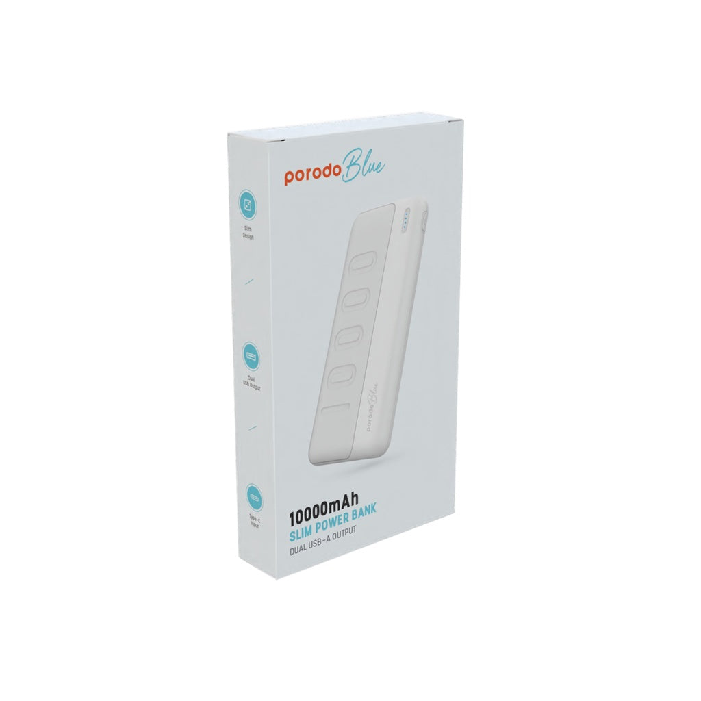 باور بانك بورودو بلو النحيف بسعة 10,000 مللي امبير بمنفذي يو اس بي اي | Porodo Blue 10000mAh Slim Power Bank Dual USB-A Output