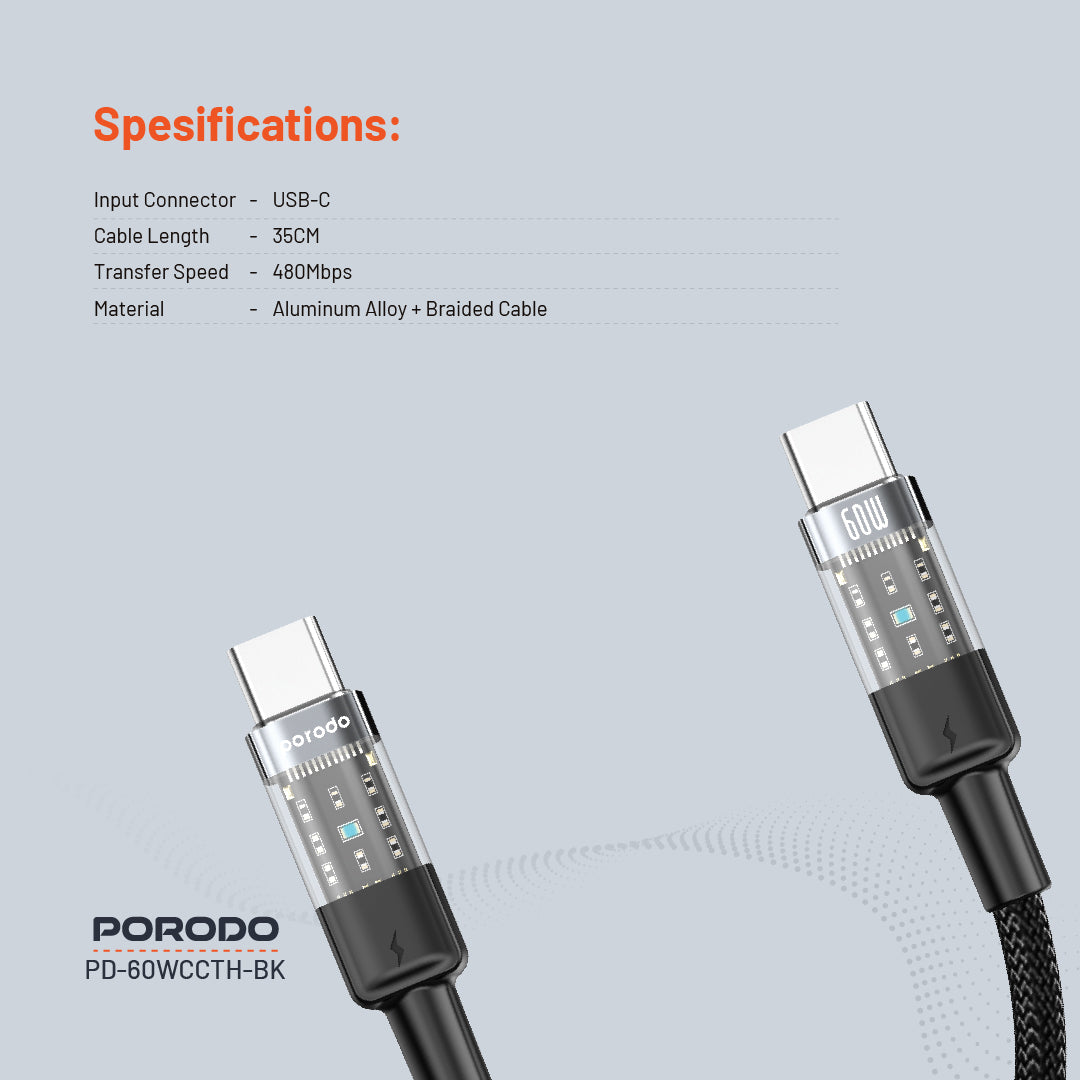 كيبل بورودو مضفر يو اس بي سي الى يو اس بي سي بطول 35 سم, شحن سريع 60 واط | Porodo Braided 60W PD C to C Fast Charging Cable with Transparent Head 35cm.