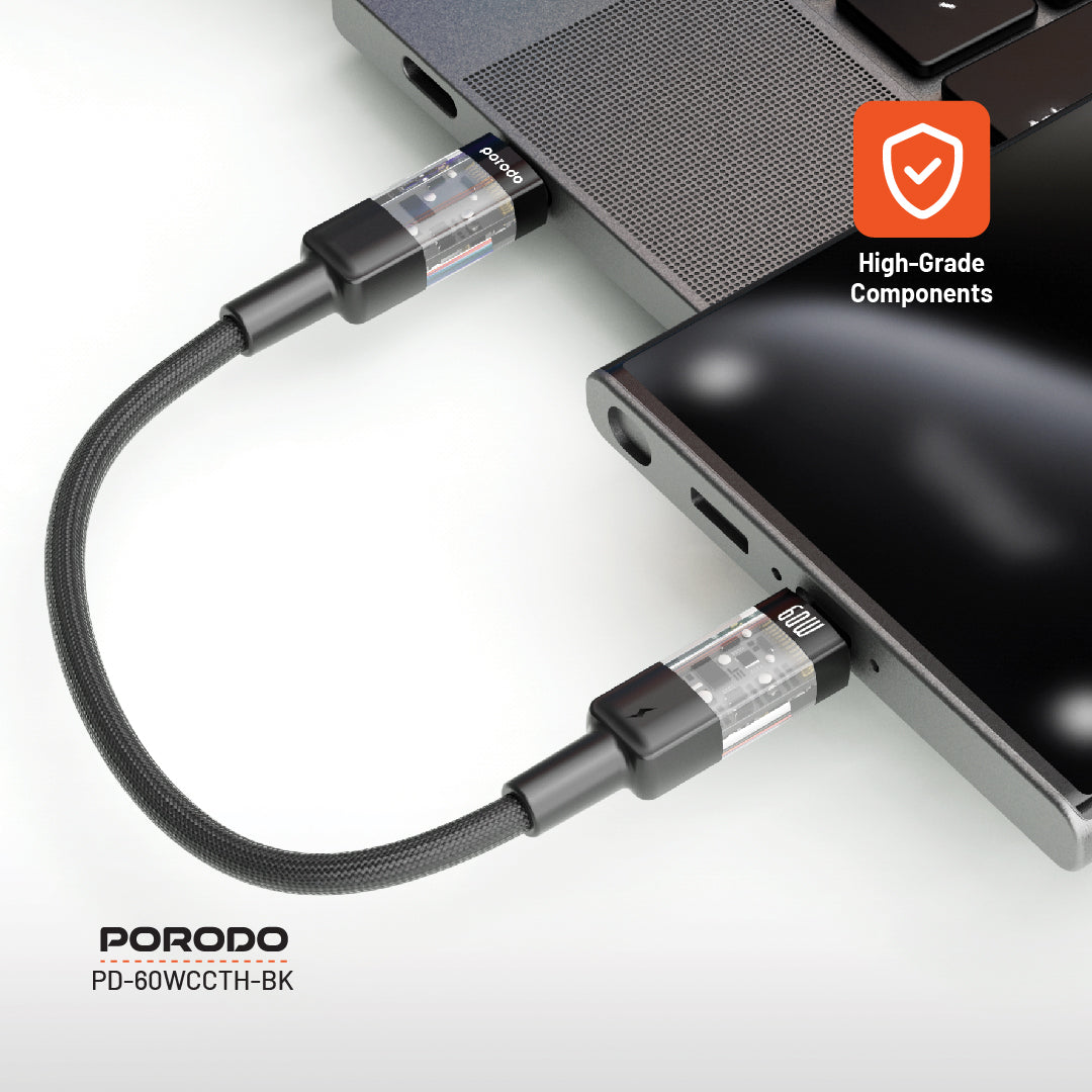 كيبل بورودو مضفر يو اس بي سي الى يو اس بي سي بطول 35 سم, شحن سريع 60 واط | Porodo Braided 60W PD C to C Fast Charging Cable with Transparent Head 35cm.