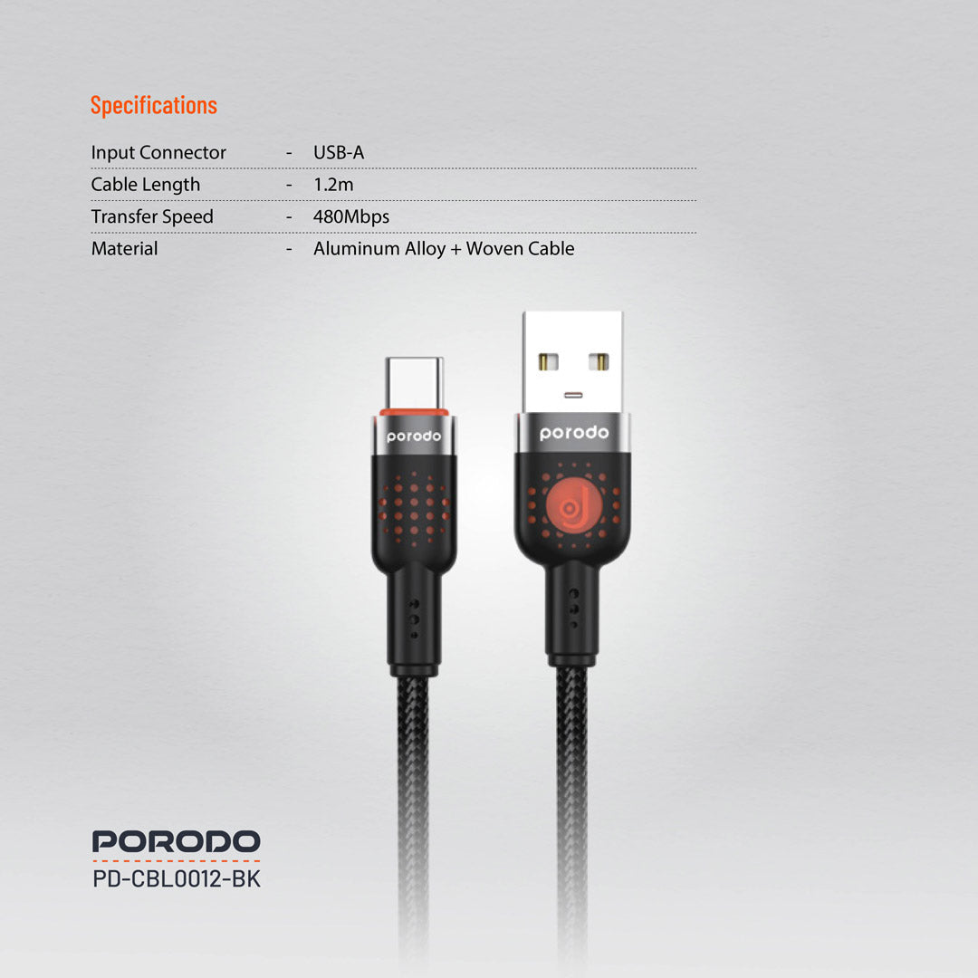 كيبل بورودو يو اس بي اي الى يو اس بي سي مضفر بطول 1.2 متر, شحن سريع | Porodo Aluminum Alloy Braided USB-A to Type-C Cable 1.2M – Fast Charging.