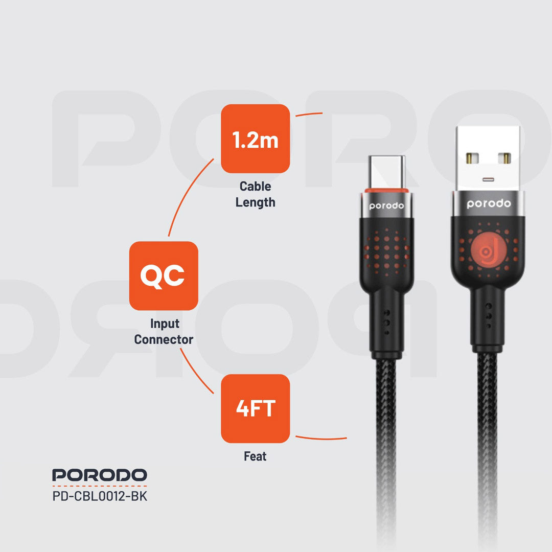 كيبل بورودو يو اس بي اي الى يو اس بي سي مضفر بطول 1.2 متر, شحن سريع | Porodo Aluminum Alloy Braided USB-A to Type-C Cable 1.2M – Fast Charging.