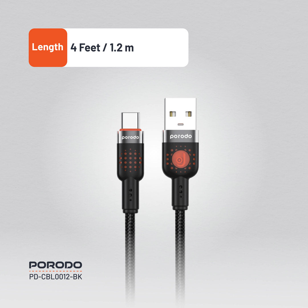 كيبل بورودو يو اس بي اي الى يو اس بي سي مضفر بطول 1.2 متر, شحن سريع | Porodo Aluminum Alloy Braided USB-A to Type-C Cable 1.2M – Fast Charging.